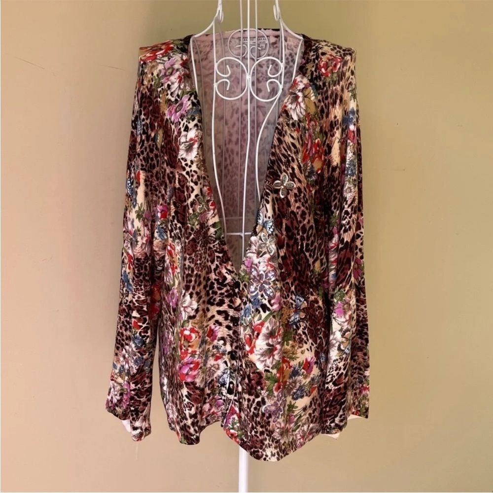 Alberto Makali Leopard Floral Mixed Print Luxe Cardigan Medium